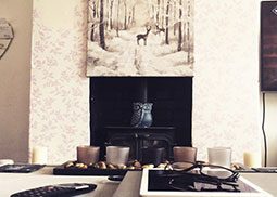 A fireplace with a table