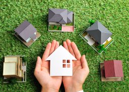 Five houses on the grass and one house being held